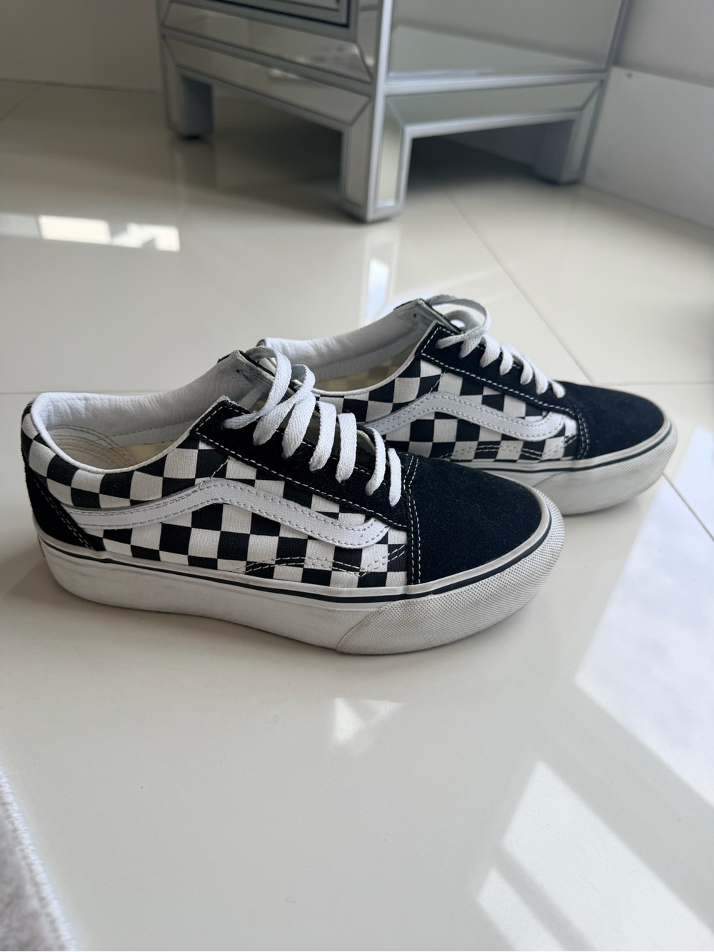Vans Black and White Checkerboard Platform Old Skool Sneakers